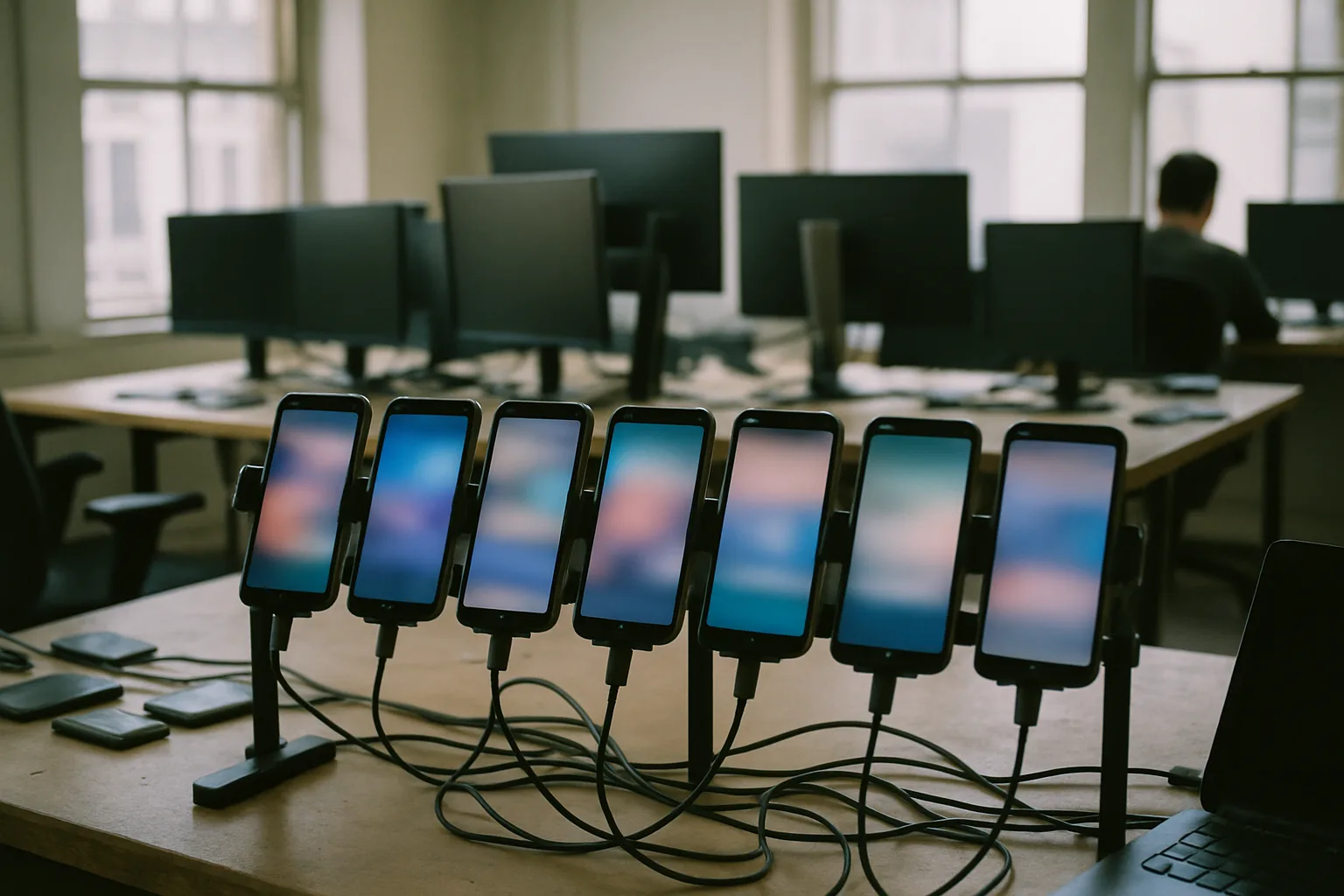 Test handsets on the bench, oldest first